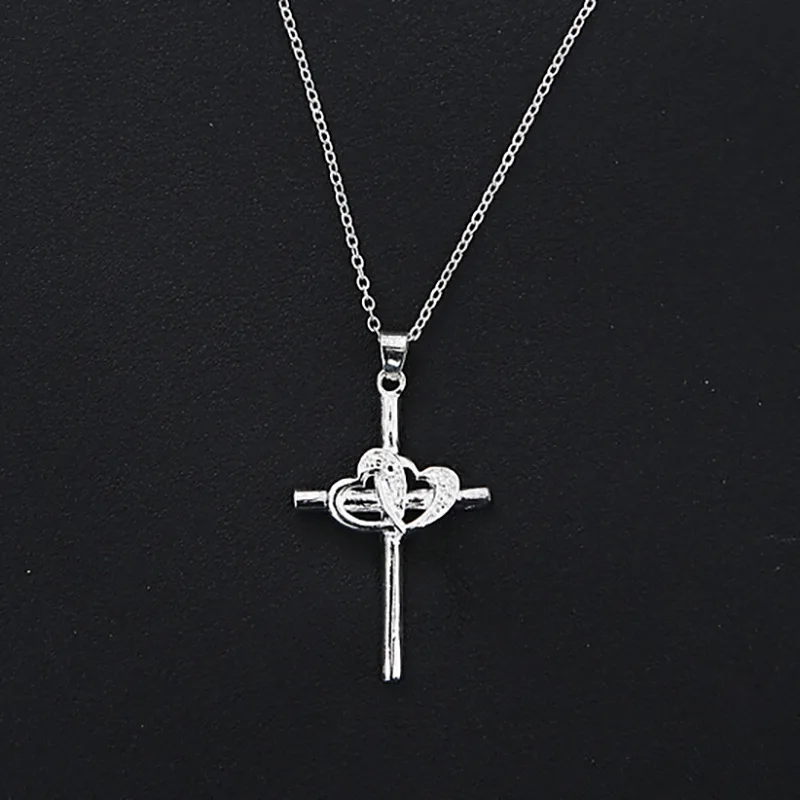 

Newest Hotsale Design Double Heart Cross Pendant Necklace Silver Chain Love Heart Cross Necklace For Girlfriend Gift, Picture