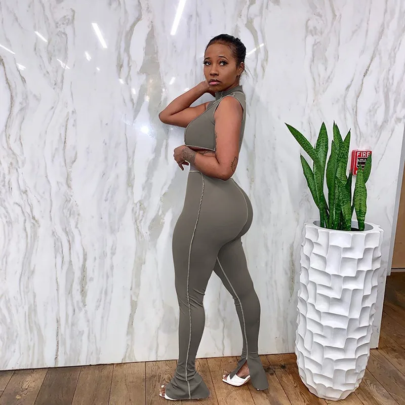 

Wholesale woman clothing casual solid sleeveless tight two pcs set with long pants