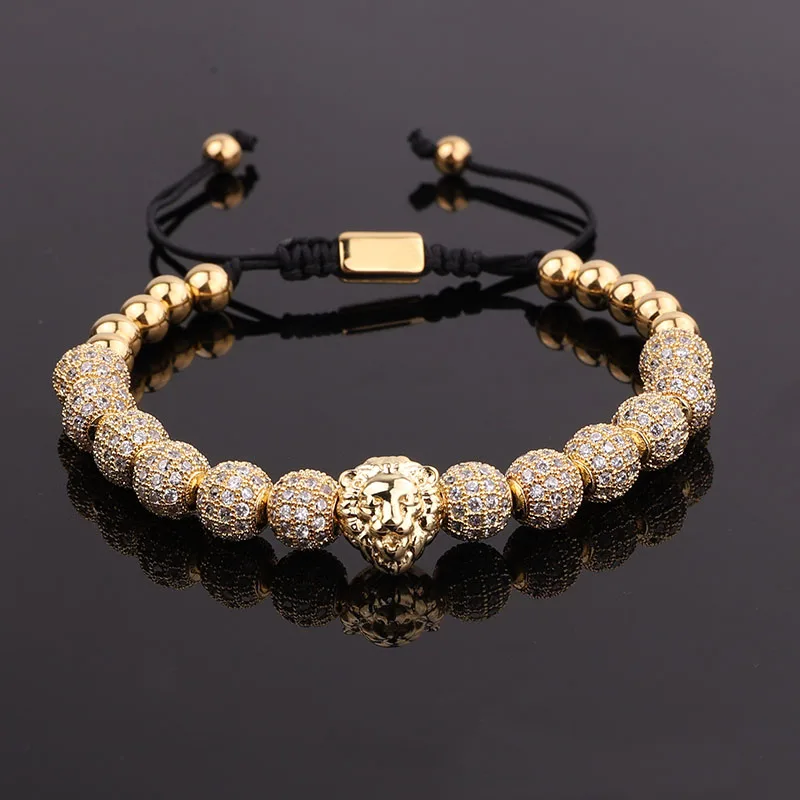 

New Fashion Luxury Men Bracelet Gold Stainless Steel Beads Lion Charm Macrame Friendship Bracelet Men