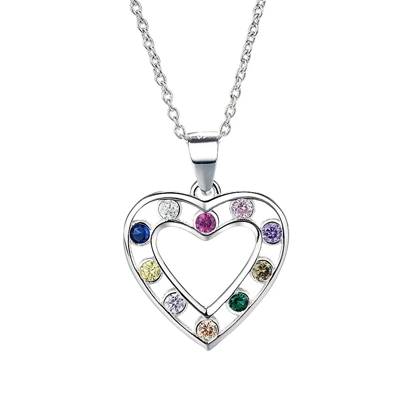

00035 Birthday Gift Authentic S925 Sterling Silver Multi-colored CZ Hollow out Necklace Heart Pendant