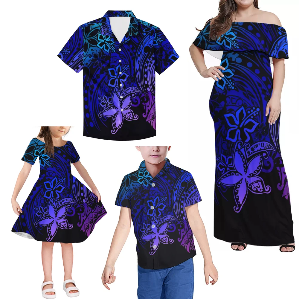 

2021 Women Sexy Bodycon Dress Polynesian Tribal Style Print Family Set Parent-child Outfit 7XL Plus Size Clothing 4-piece Set, Customized color