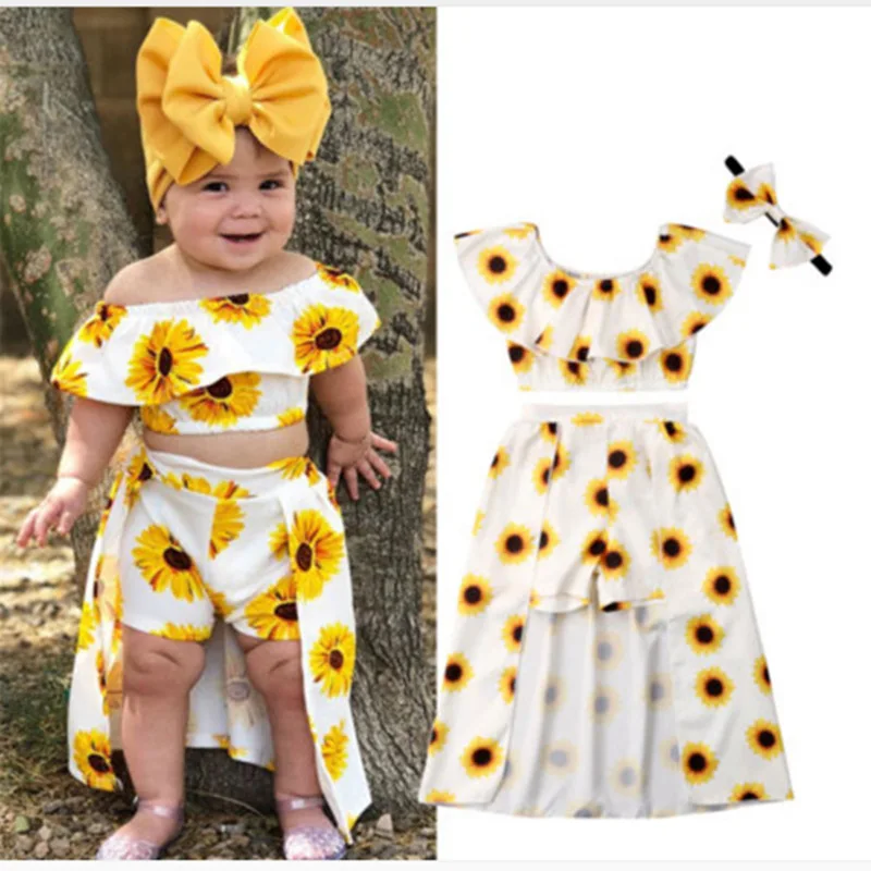 

lyc-656 3Pcs Summer Print Sunflower Toddler Children Clothes Sets Little baby Girls Ruffle Tops Long Skirted Headband Outfits, As pictures shows