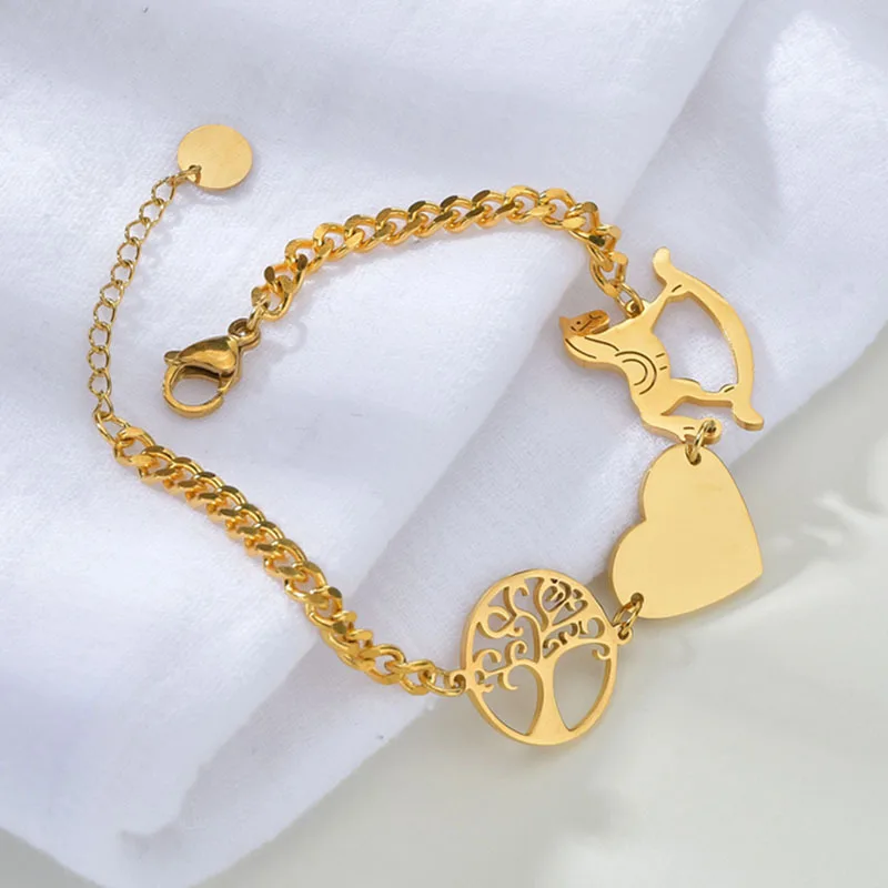 

Amazon Best Selling 18K Real Gold Plated 316L Stainless Steel Life Tree Bracelets Heart Link Chain Bracelets For Women Girl