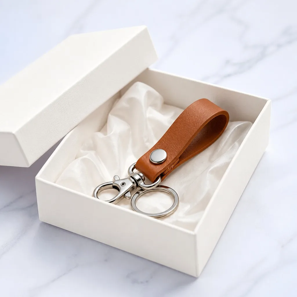 Leather keychain flat-lay with a key and card