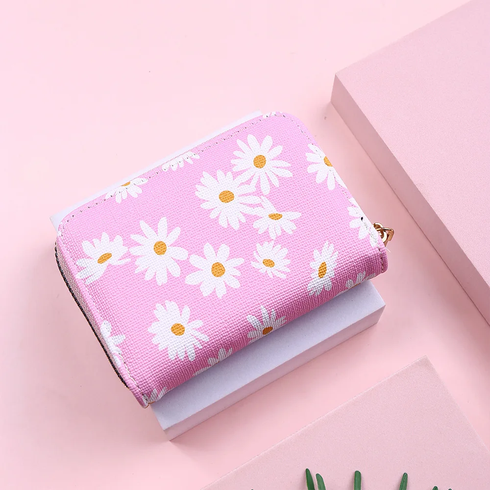 

Pink Fashion Daisy Print PU Ladies Coin Purse Multi-Card Zipper Wallet, Red