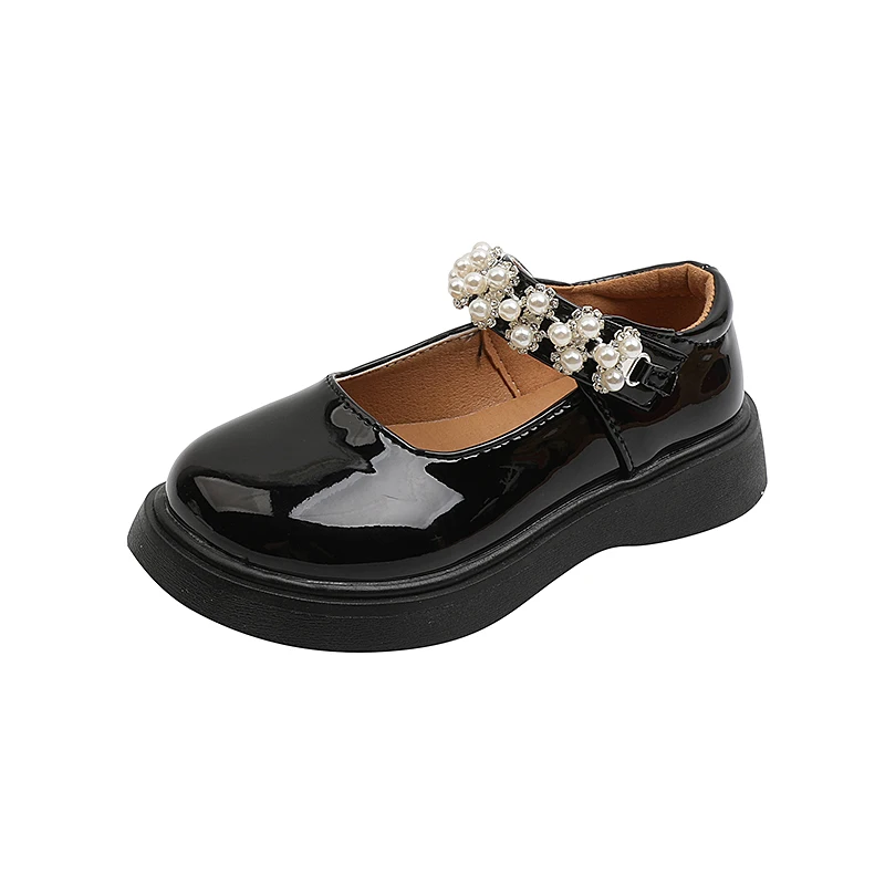 

Hot Sale Crystal Strap Girls School Shoes Children Leather Casual Dress Shoes, Beige/black