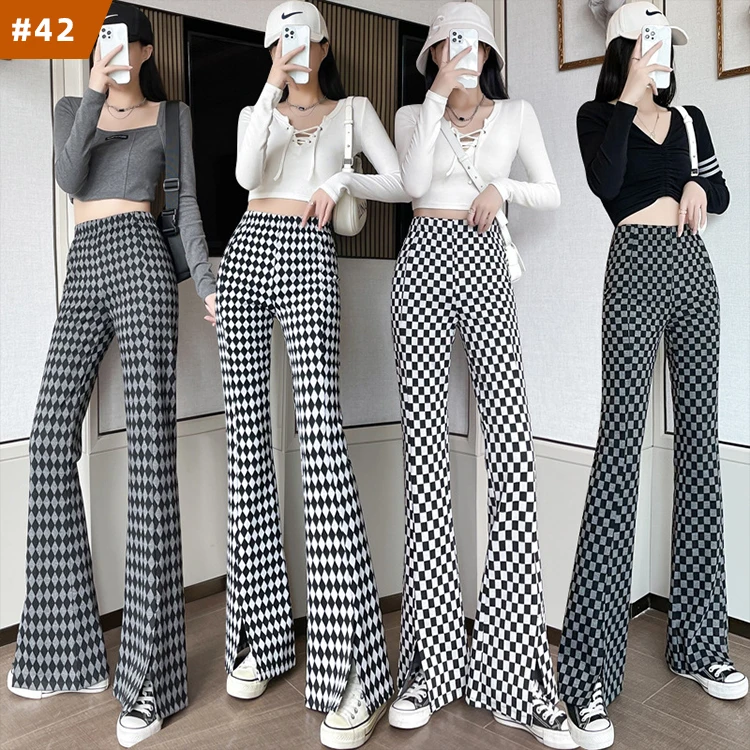 

2022 new spring autumn wide pants women plaid work pants women high waist split office trousers for women, Mix color is available