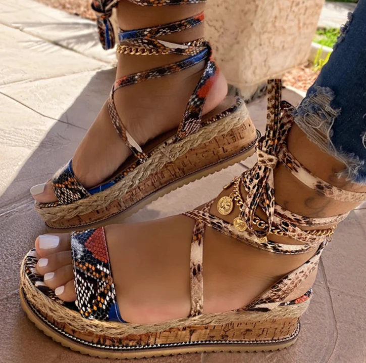 

In stock hot style sandals women 2021 new thick sole strappy snake sandals wedge large size platform women's shoes, Different colors and support to customized
