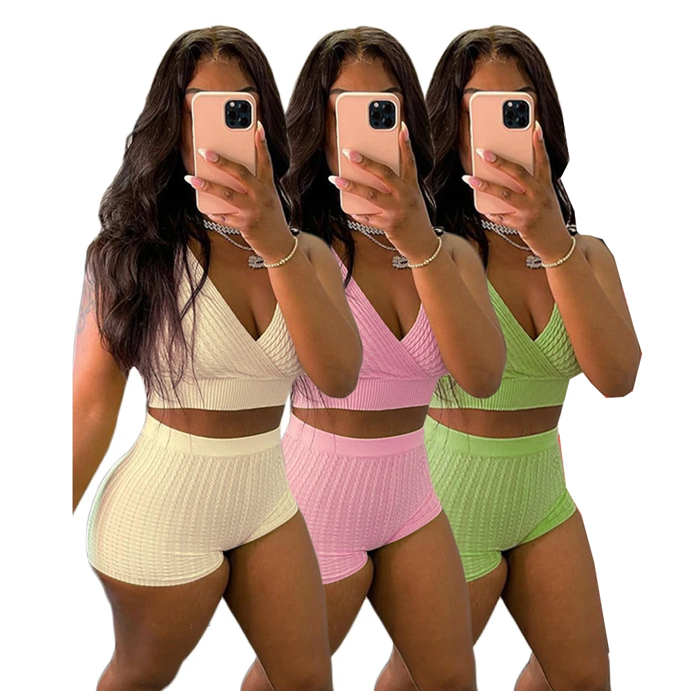 

Women sweat suit sports bra crop top jogger set knitting elastic bodycon two piece short set top ladies summer sets short