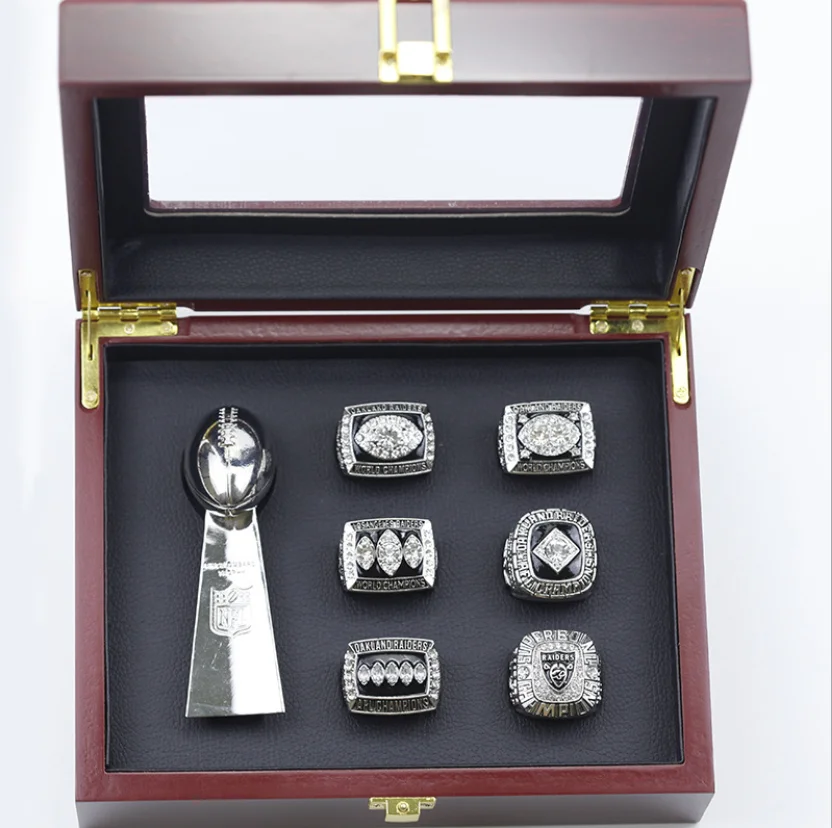 

6pcs Oakland Raiders rings NFL championship rings with 4 inches metal SuperBowl Vince Lombardi trophy