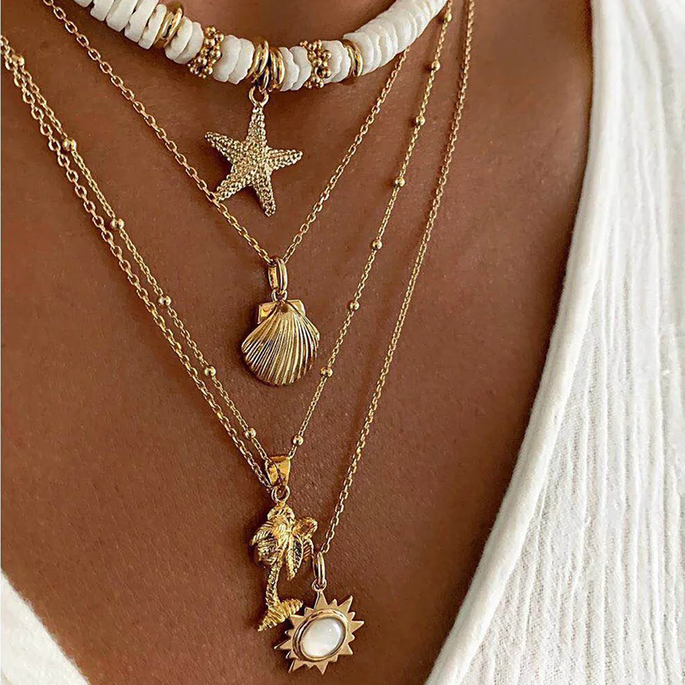 

Women Boho Charm Chokers Ocean Jewelry Necklaces Gold Multi Layer Starfish Shell Palm Tree Sun Pendant Necklace