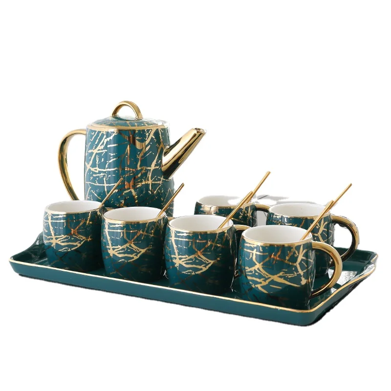 

Customized Porcelain 8pcs Coffee Tea Cup Sets Turkish Tea Cup Set Ceramic Gold Rim Coffee & Tea Sets, Green+gold