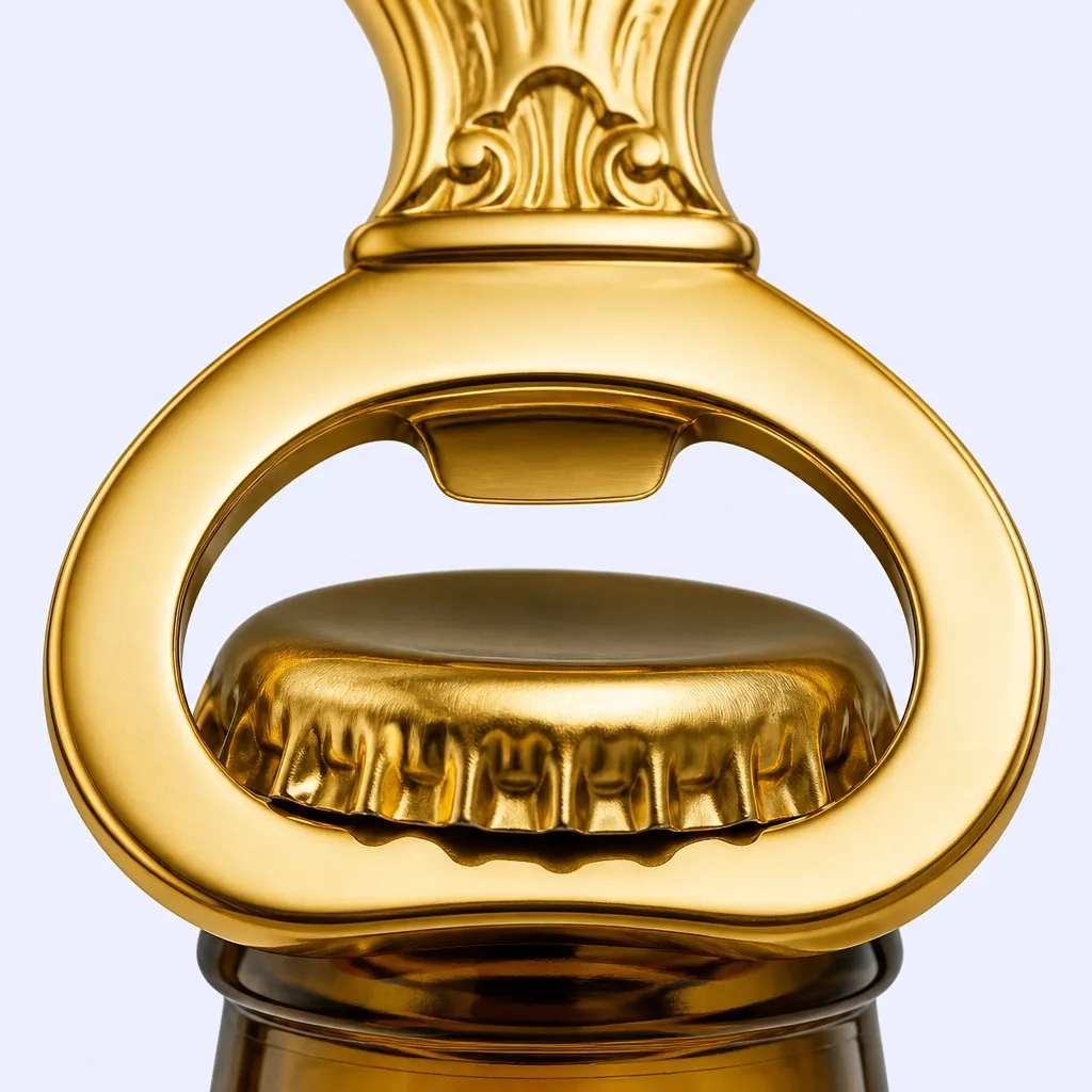 Close-up of the gold bottle opener over a gold cap on an amber bottle