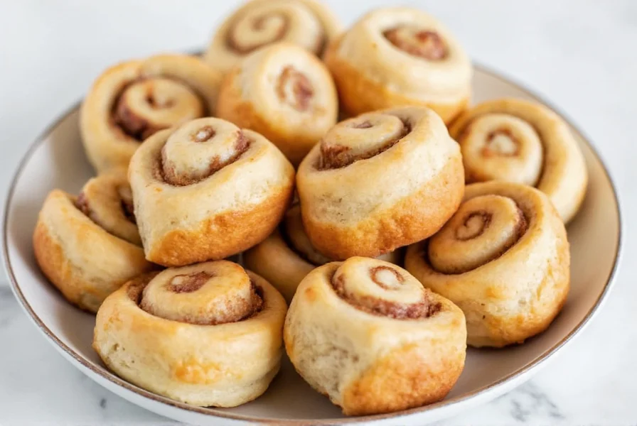 Close-up of golden brown mini cinnamon rolls with creamy icing drizzled on top, arranged in a rustic ceramic baking dish
