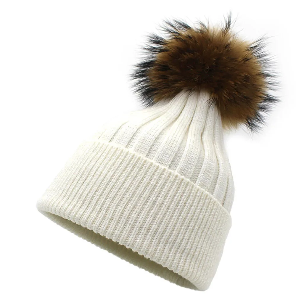 

Winter warm Female natural raccoon Fur Pom Poms hat Knitted Beanies Cap Hat Thick Women Beanie hats