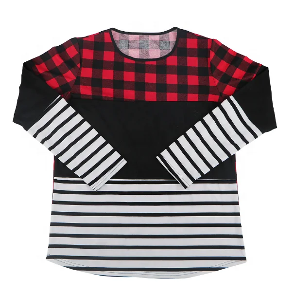 

Spring new women's striped patchwork plaid casual versatile long-sleeved T-shirt