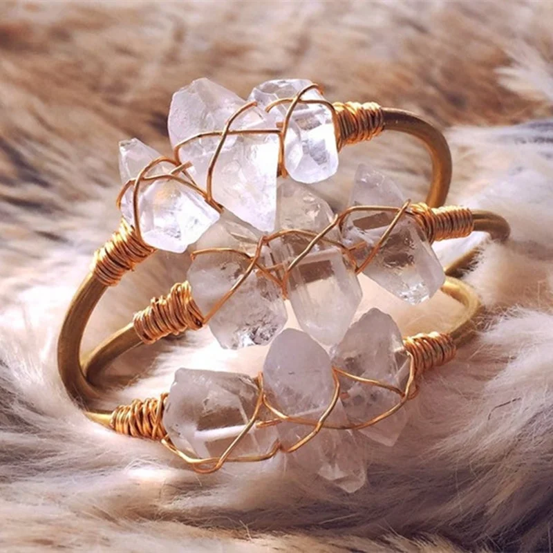 

New Style Crystal Quartz Bangle Fashion Irregular Clear Quartz Point Wire Wrapped Bangle Perfect Gift for Love, As picture