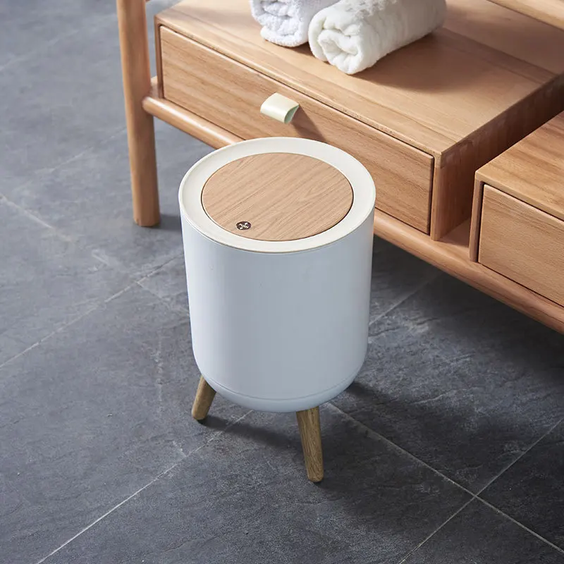 

Household Creative Plastic Round Shape Trash Can Lid Press Nordic Style Trash Bin Ins High Foot Imitating Wood Grain Waste Bins, As shown