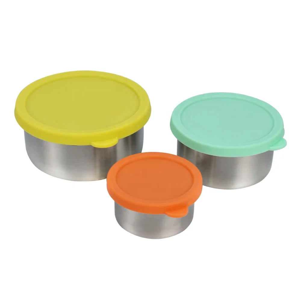 

2021 Small Stainless Steel 18/8 Kid Food Snack Container Set of 3 Pcs 2oz 5oz 10oz Bento Lunch Box with Colorful Silicone Lids, Orange, green, purple, blue, black