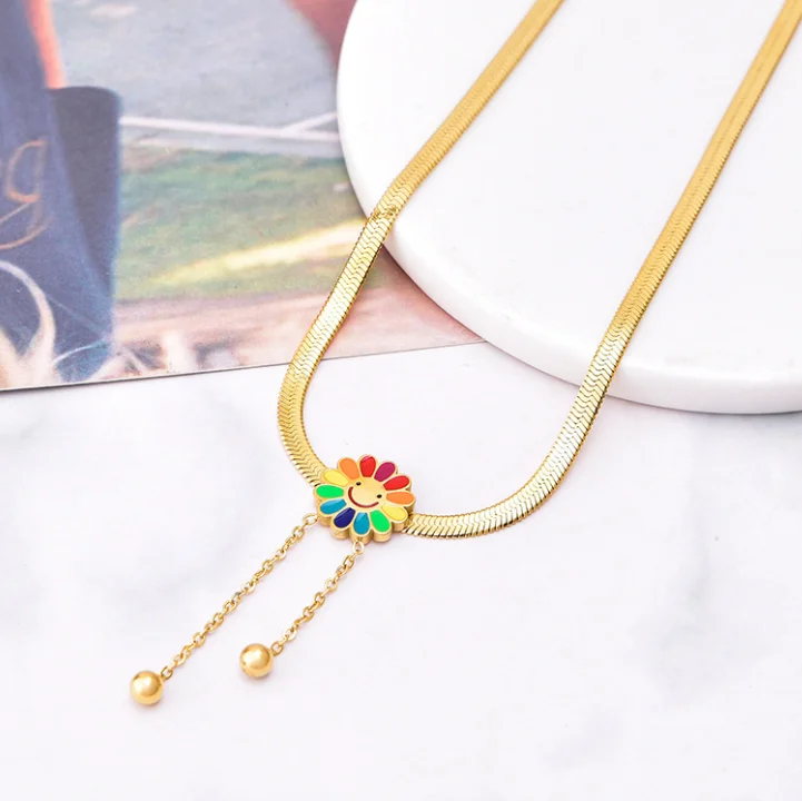 

Fashion colorful sunflower smiley face stainless steel necklace for ladies jewelry