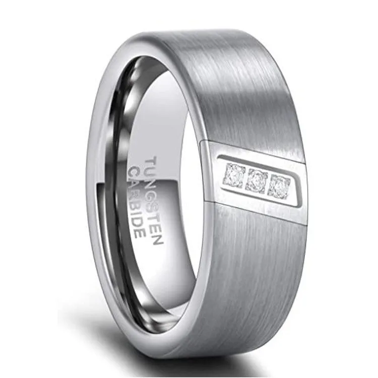 Poya Jewelry 8mm Flat Edges Three CZ Stone Inlay Brushed Silver Black Blue Plated Tungsten Rings