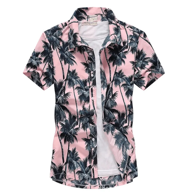 

2021 beach shirt T-shirt men's print blue lapel loose fashion thin men's clothing, Photo color
