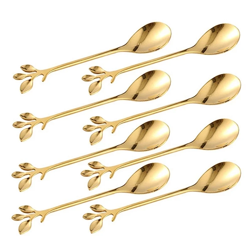 

Creative Colorful Leaf Shaped Spoon Stainless Steel Tea Coffee Ice Cream Spoon Set, Gold,silver
