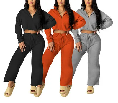 

10% Off European and American hot two-piece long-sleeved zipper loose pants solid color suit
