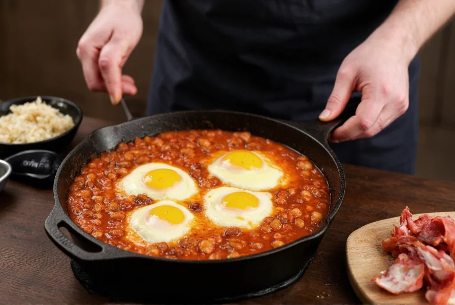 Professional chef preparing breakfast chili in cast iron skillet with eggs integrated into the mixture