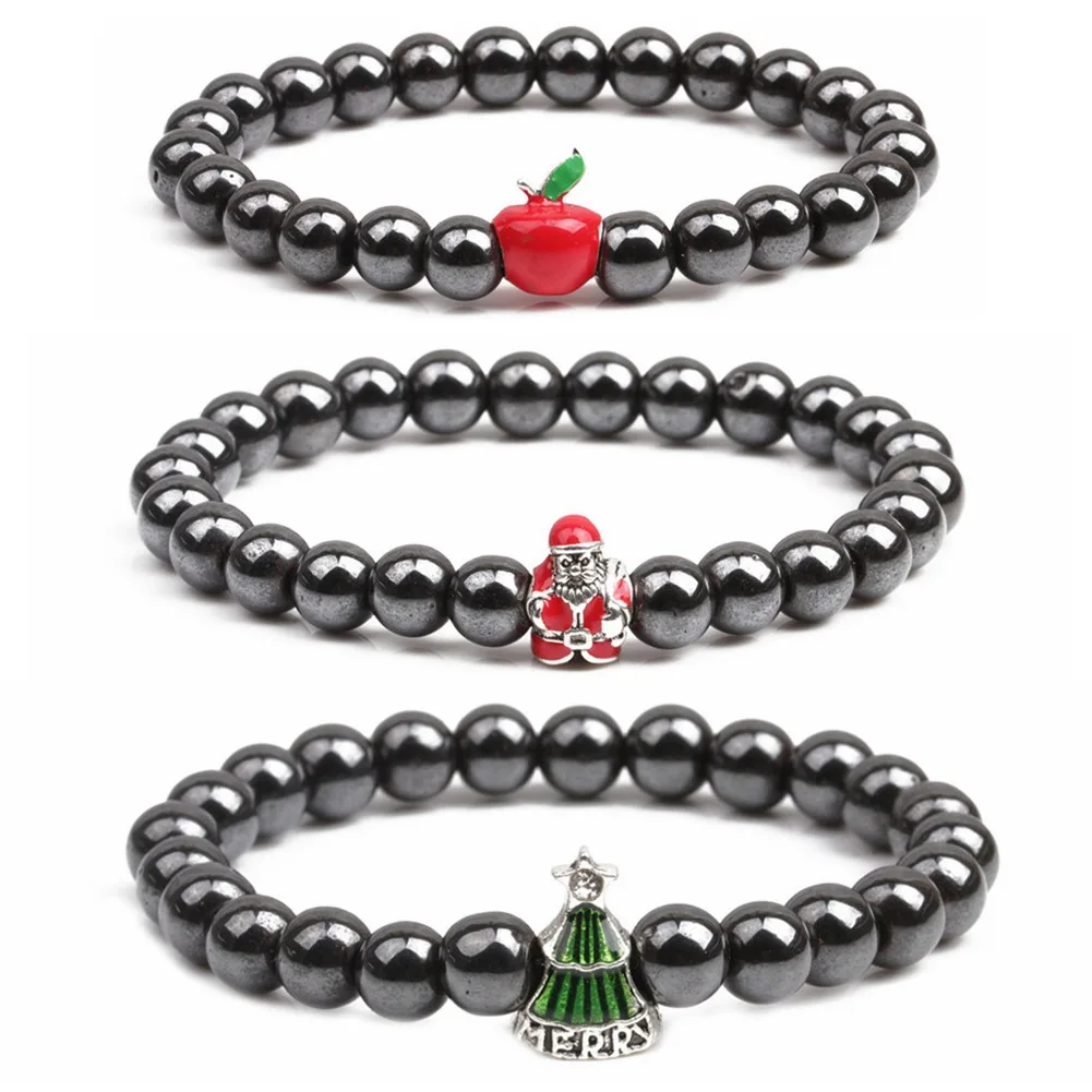 

Promotional Christmas Jewelry Stretchable Magnetic Hematite Stone Beaded Bracelets Oil Drip Santa Claus Beads Bracelet For Gift