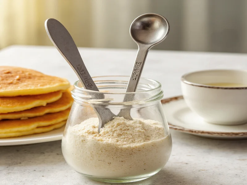 Homemade pancake mix in glass jar with measuring spoons