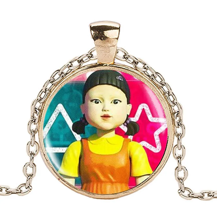 

Korean Movie Squid game sticker Sugar pie girl Time Gemstone round Necklace, Gold
