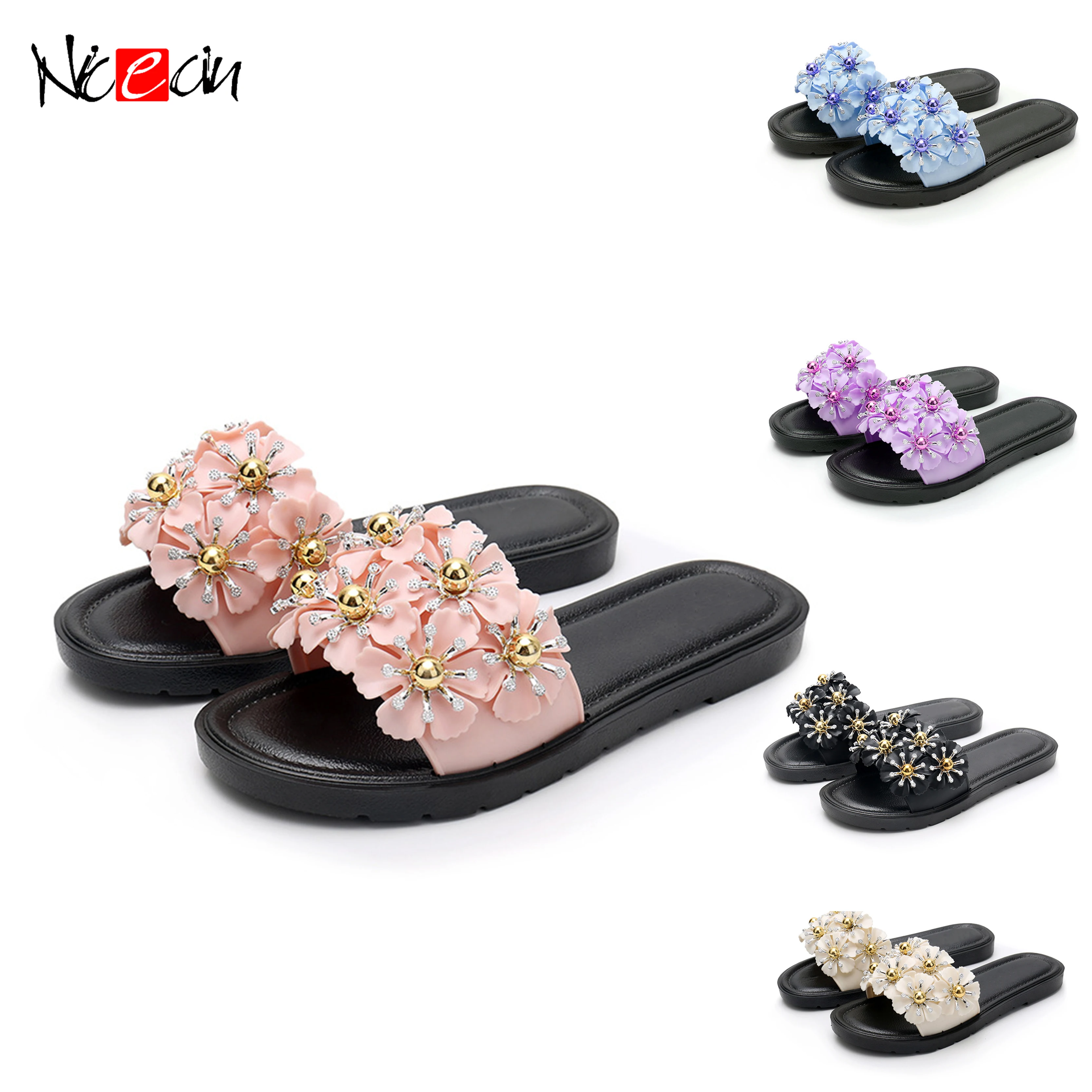 

Summer new flat slippers for women casual fashion outdoor with flowers slide elegant beach breathable ladies sandals