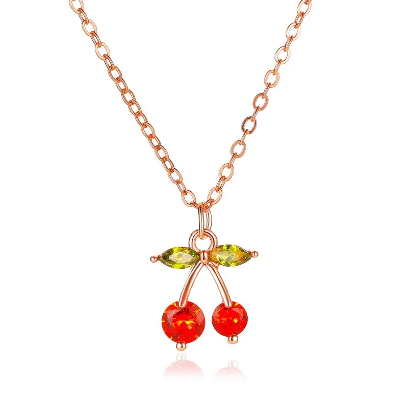 

Brass Zircon Little Fruit Pendant Necklace Simple Chain Red Green Crystal Rhinestone Cherry Pendant Necklace For Girls Jewelry, As picture