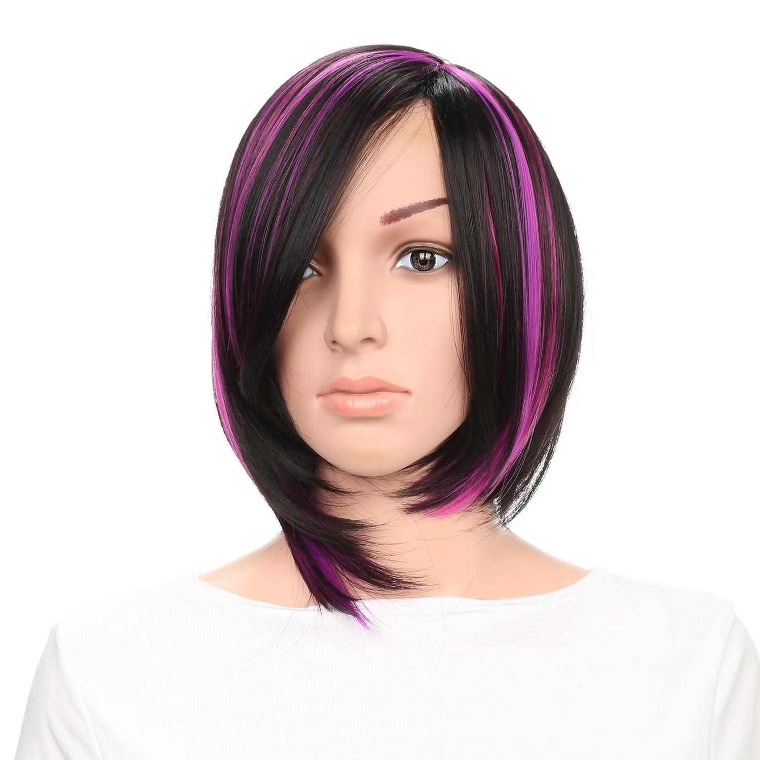 

Vigorous Synthetic Hair Wigs Purple Black Fiber Heat Resistant Hair Wig Partial BOBO Lady Synthetic Wigs