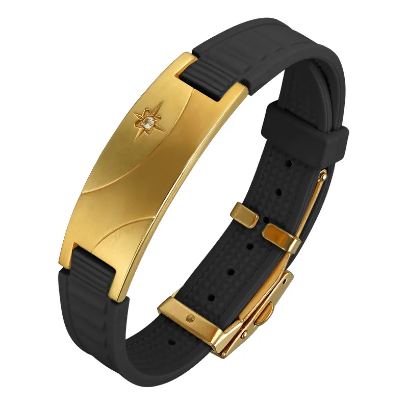 Wholesale Healing Health Magnetic Rubber Wristband Custom Logo Stainless Steel Diamond Bracelet Silicone Bangles For Men