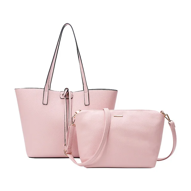 

Wholesale private label 2 in 1 women leather reversible handbag shoulder bag set pouch tote fashion ladies handbag set, Pink, red