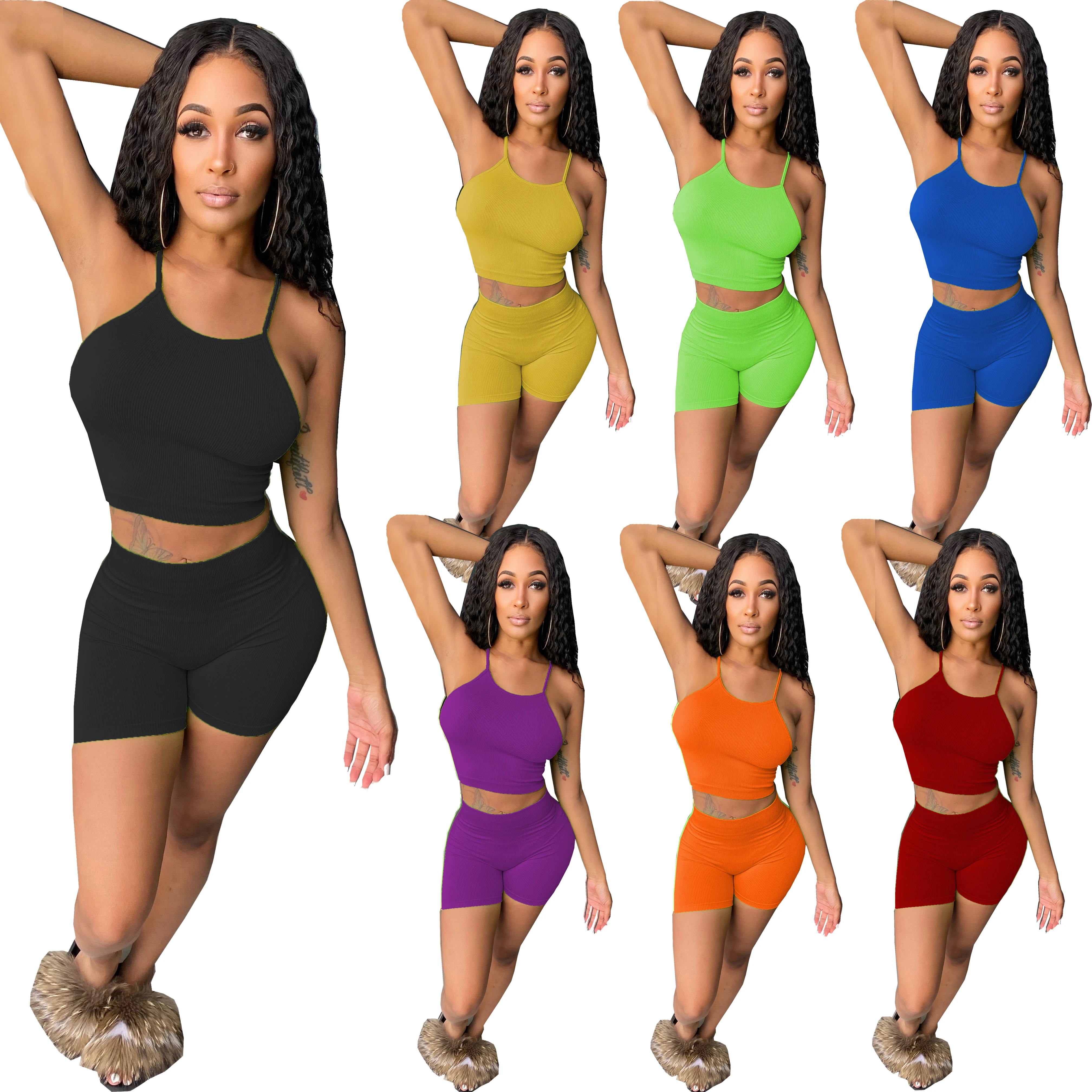 

R6407 20201 popular solid colors halter vest shorts sports suit for women, Picture