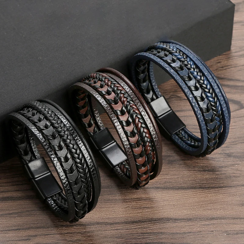 

Finetoo Multilayer Leather Rope Woven Bracelet Alloy Magnetic Buckle Bracelets for Men Fashion Jewelry
