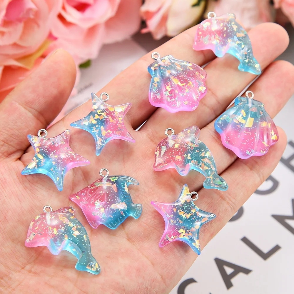 

Glitter Sea shell Fish Gradient Blue Resin Cabochon Flatback Marine Organism pendant charms DIY Making Jewelry accessories, Picture