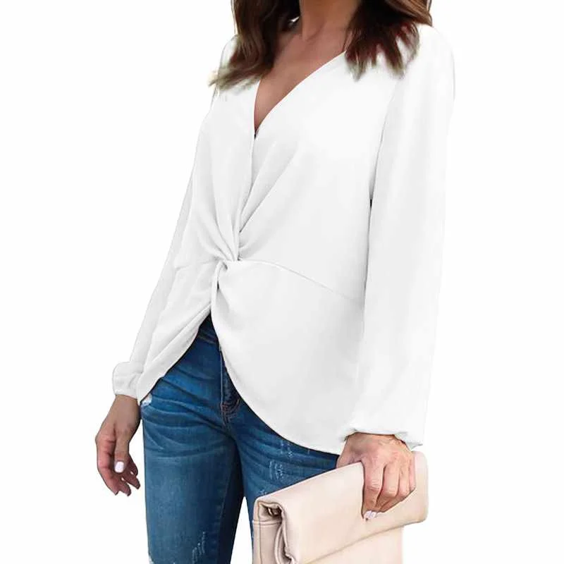 

Wholesale Solid Long Sleeve Twist Front V Neck Slit Tie Back Spring & Autumn Women Blouse