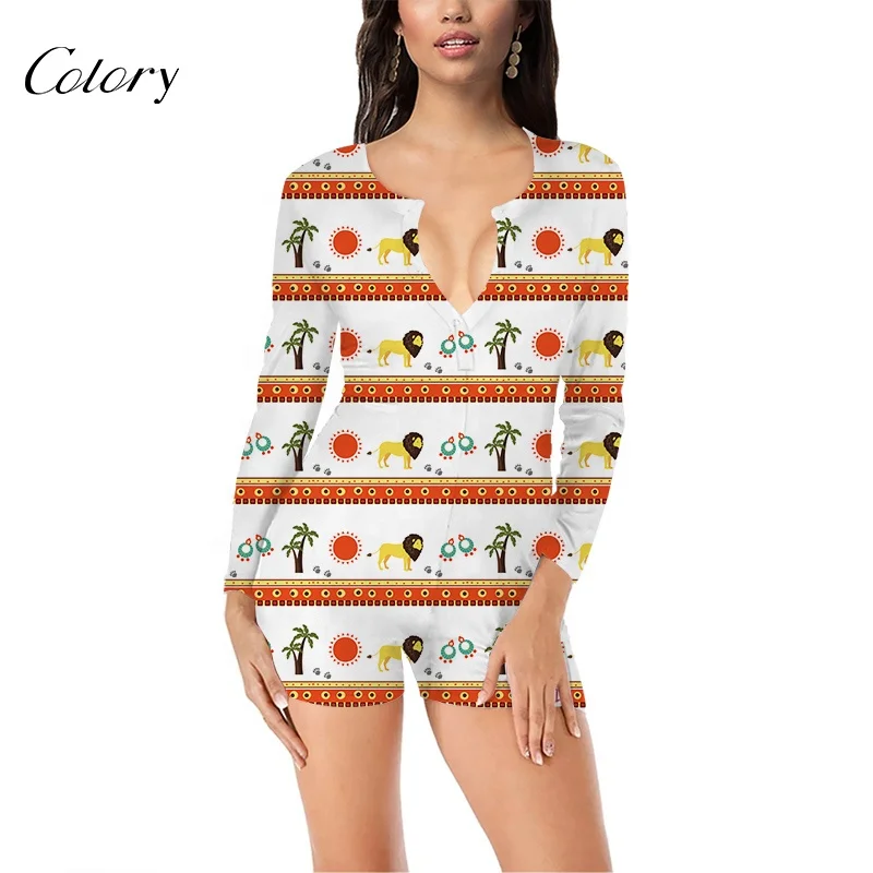 

Colory Wholesale Breathable Cotton Adult Pajama Onesie Women Printed Short Romper Stretchy Bodycon Sleepwear Women, Customized color