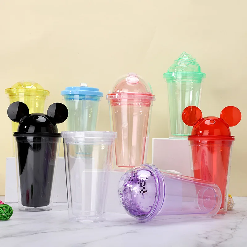 

Wholesale 16oz 2020 latest style PS cute Mouse Ear Clear Cups Acrylic Mickey Tumbler with Straw and Dome Lid, Color as pictures