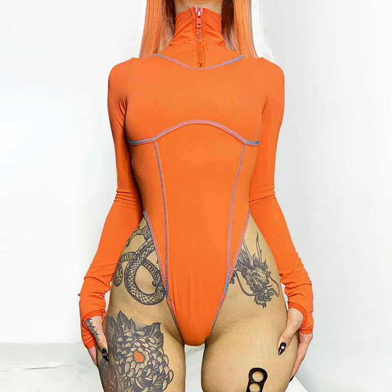 

European and American autumn new solid color high neck pullover zipper long sleeve casual sexy women's one piece jumpsuit