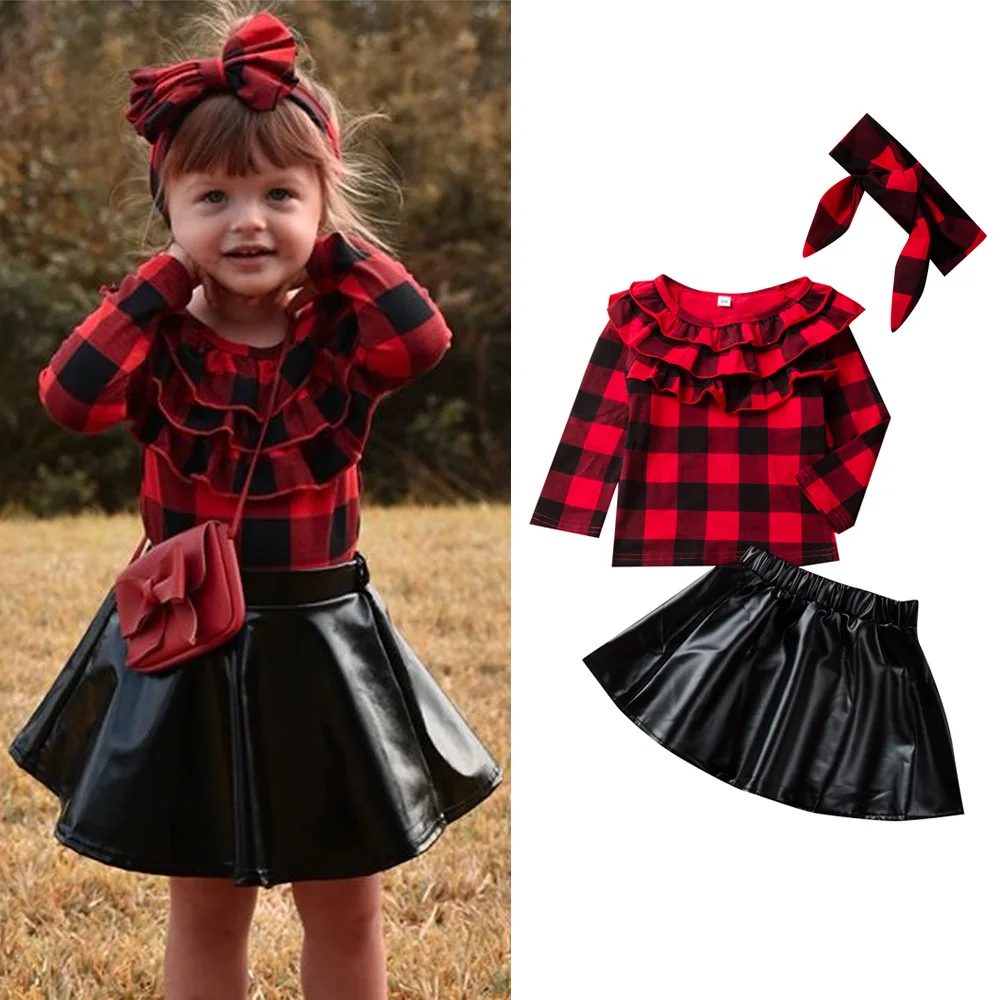 

2020 Fall/Winter Little Girls Clothing Sets Fashion Kids Long sleeves Plaid shirt+Leather skirt+Headband 3Pcs Baby girl Outfit