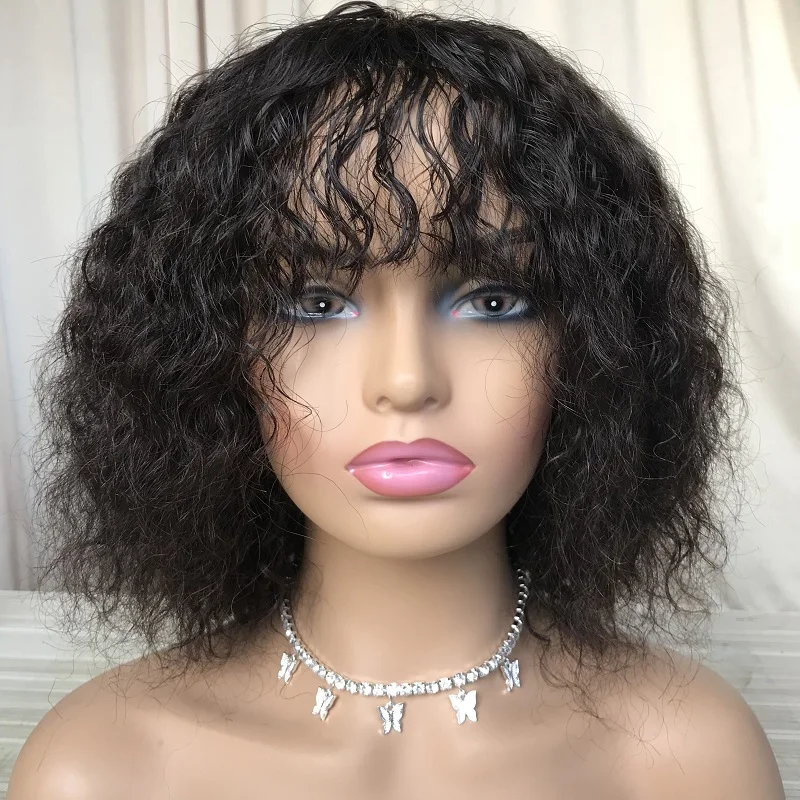 

Free shipping and top quality virgin human hair water wave regular wig with bang 10"