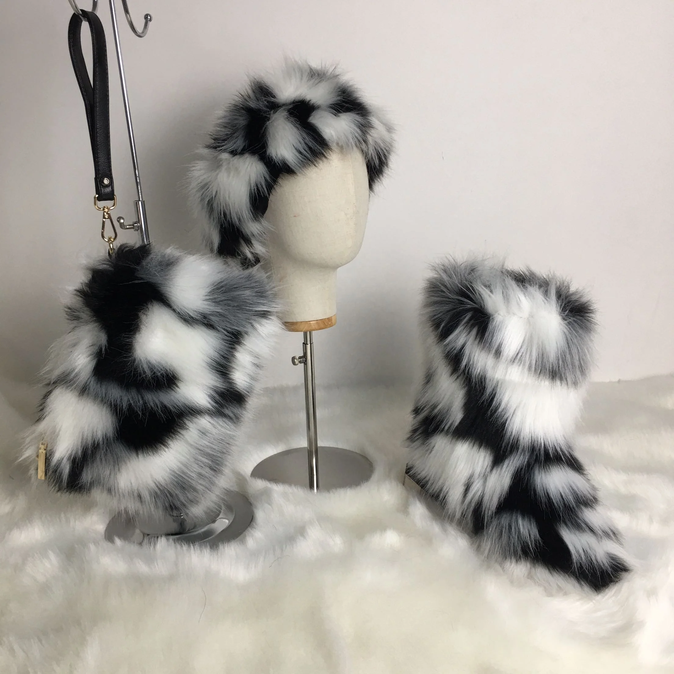 

winer boots three piece set Fur boots bag fur headband winter warm women's suit
