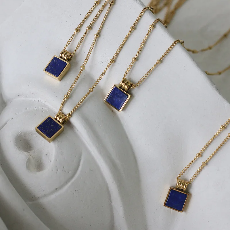 

Ins Hotsale Natural Geometric Square Lapis Lazuli Pendant Necklace Real Gold Plating Stainless Steel Round Beaded Chain Necklace