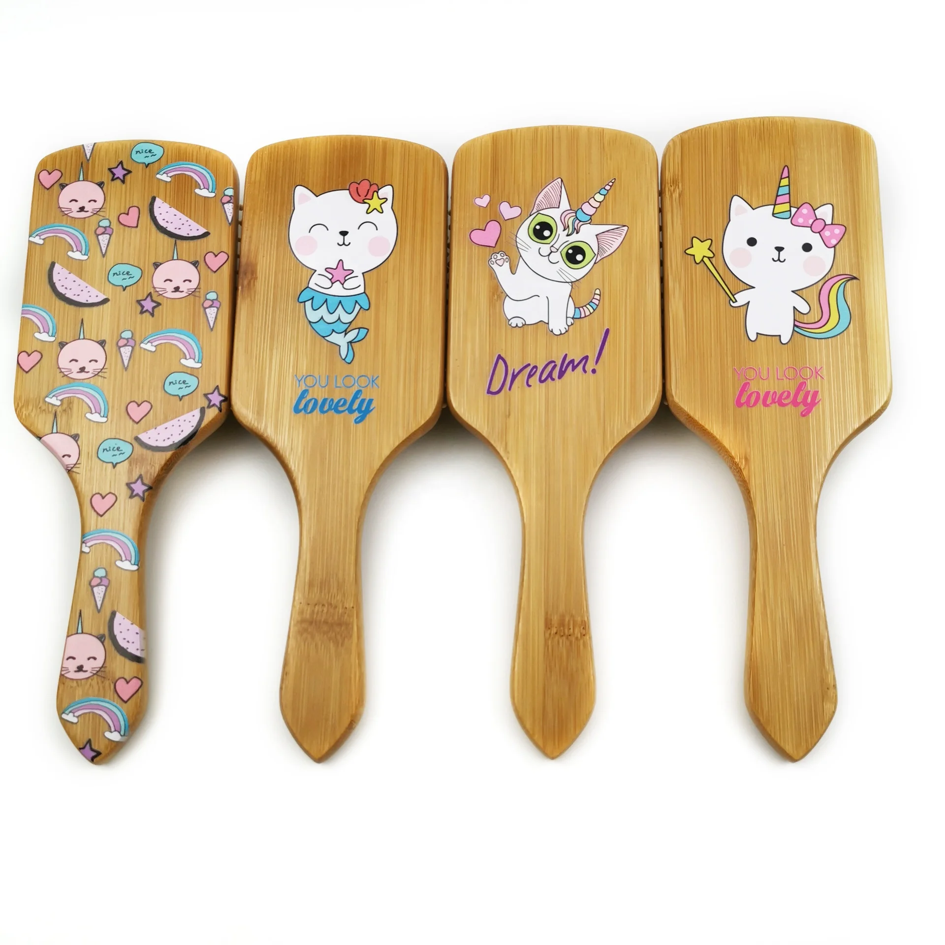 

Professional Bamboo Wood Paddle Hair Brush Handle Printed Massage Brush, As pictures