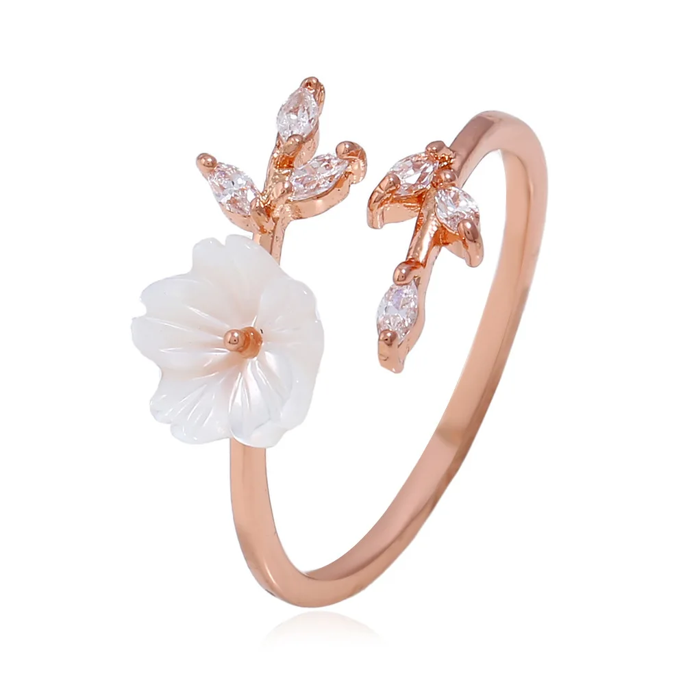 

Rose Gold Sakura Flowers Zircon Branches Shell Flowers Open Ring Charming Cherry Blossom Adjustable Rings Women's Jewelry, Rose gold silver gold